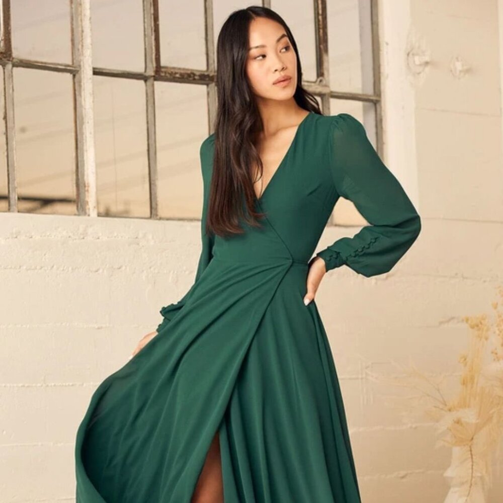 LULUS My Whole Heart Emerald Green Long Sleeve Wrap Dress